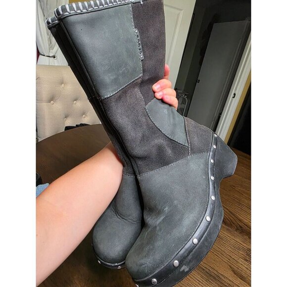 Womens Gray Leather & Suede Tall Boots With Studded Platform Heels - Picture 15 of 16